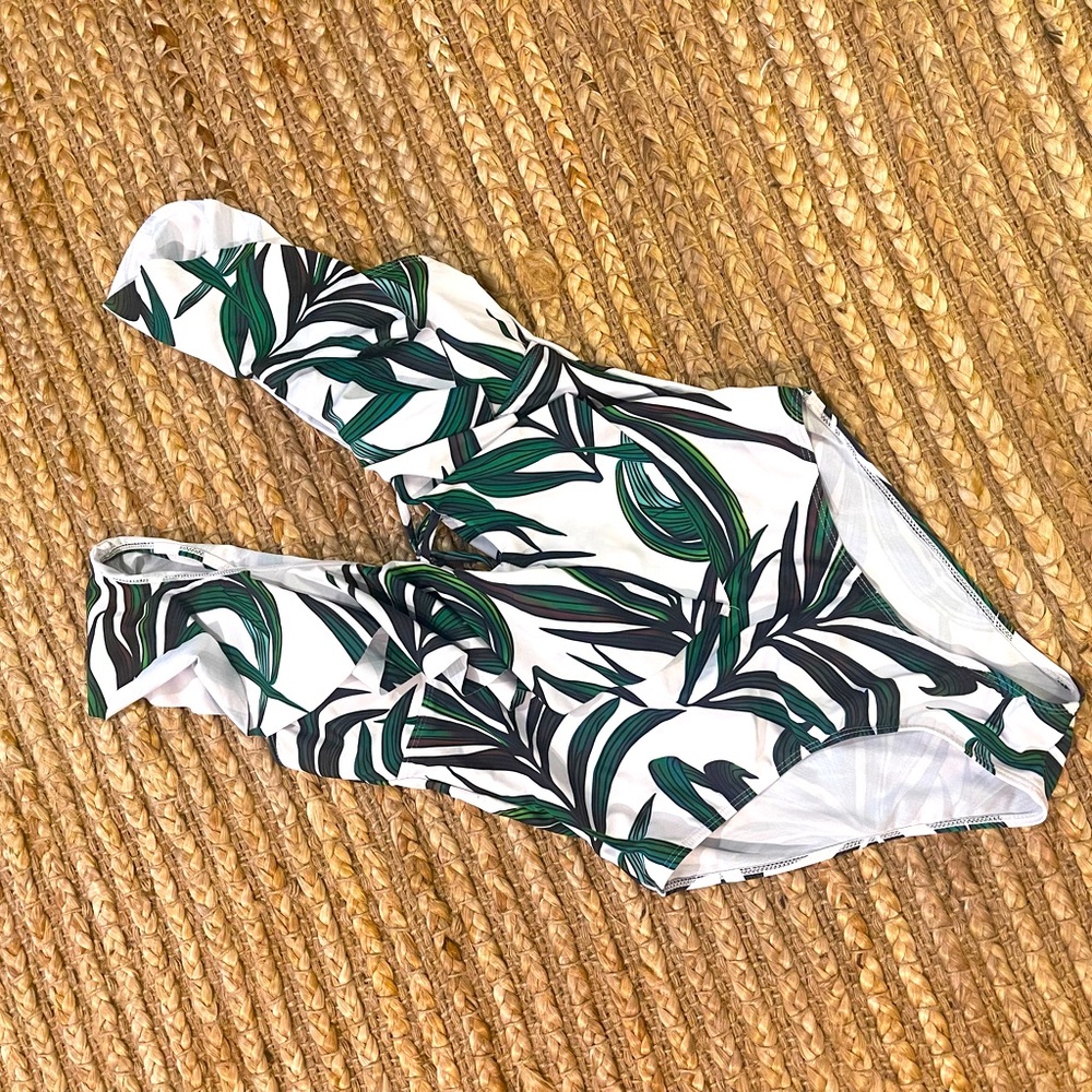White/Green Leaf print swimsuit - Large